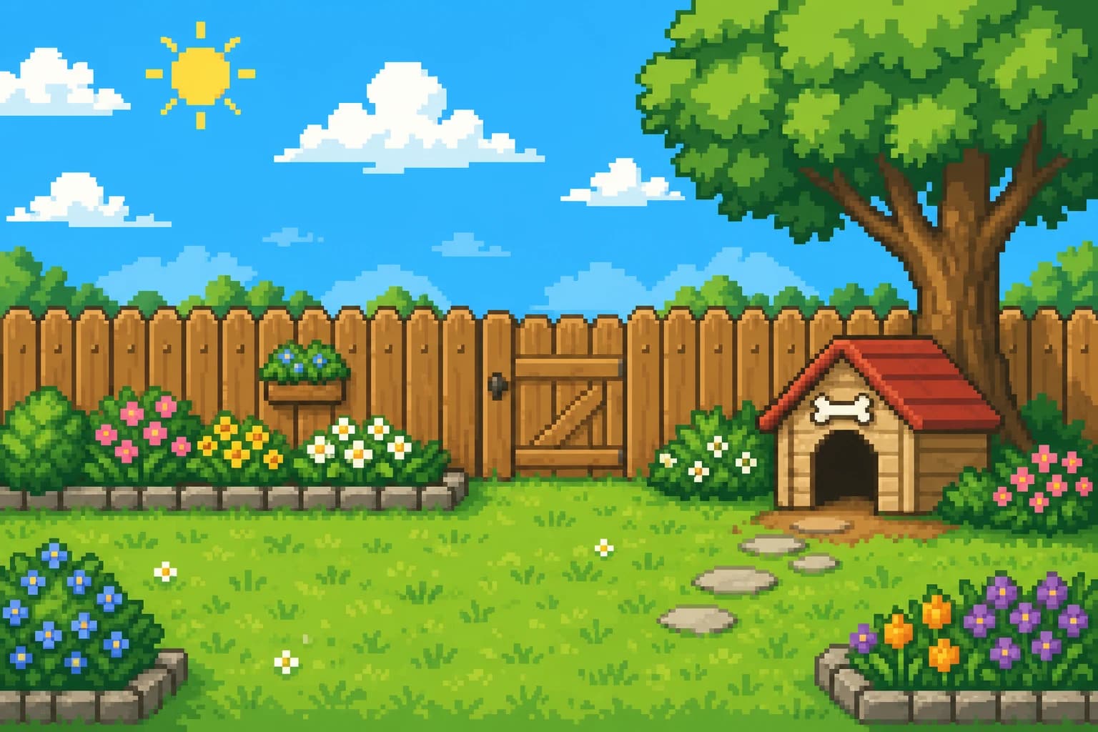 PetTalk garden scene in daylight: a fenced pixel-art yard with flower beds and a dog house.