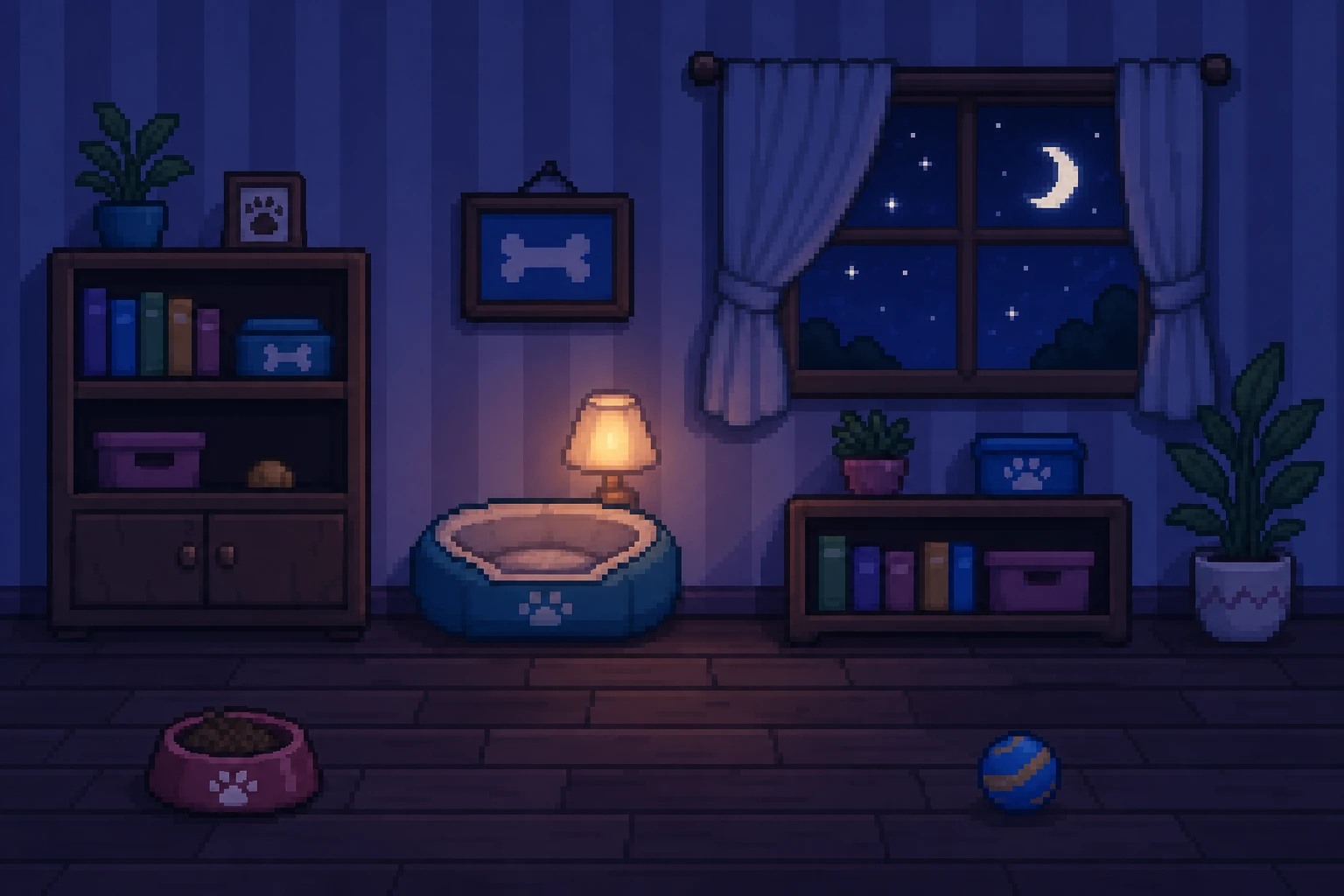 The same room at night, lit by a lamp, with stars and a moon in the window.